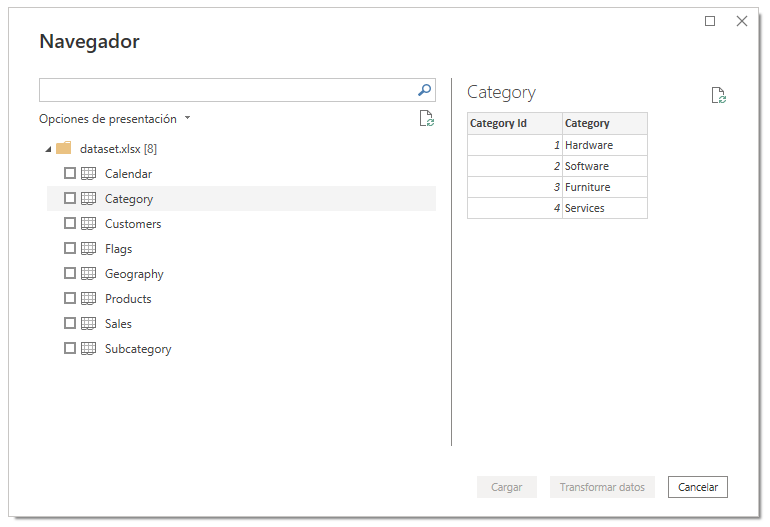 Selección de las tablas a cargar
