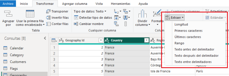 Transformar > Extraer