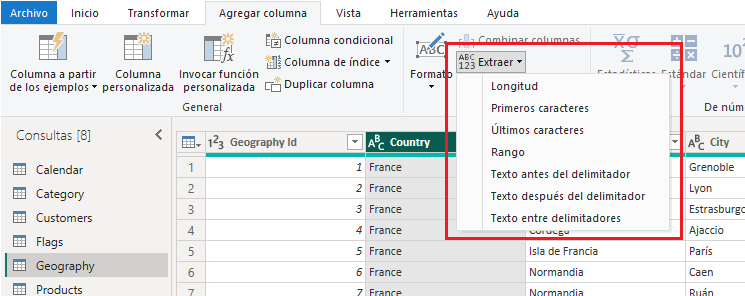 Agregar columna > Extraer