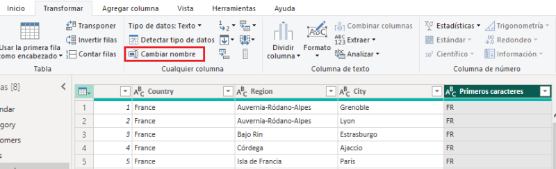Edición del nombre de la columna