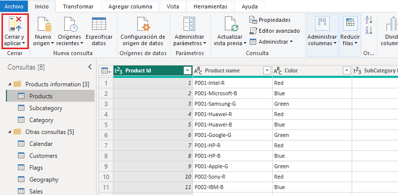 Carga de los datos en el editor de informes