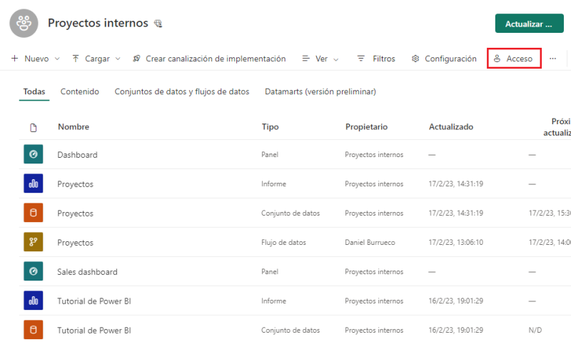Compartición de áreas de trabajo